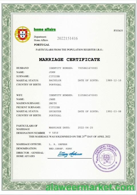 Portugal marriage certificate Word and PDF template